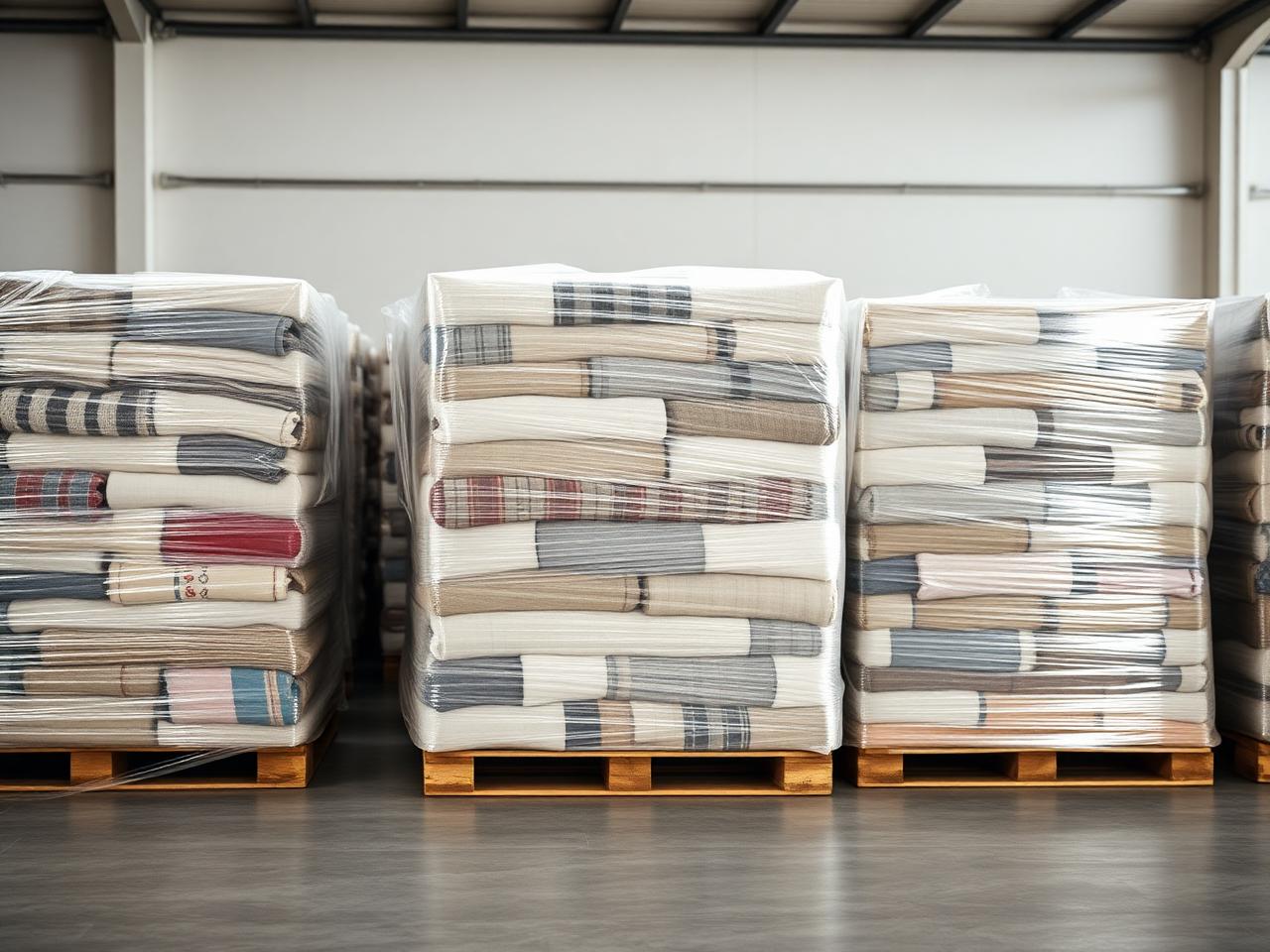 Foliierte Paletten mit verpackten Textilien in einer Großhandelslagerhalle